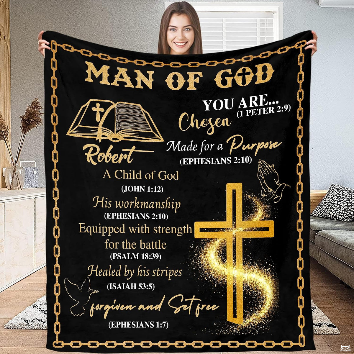 Detailed view of golden glowing cross with shimmering stardust particles and biblical holy book illustration.