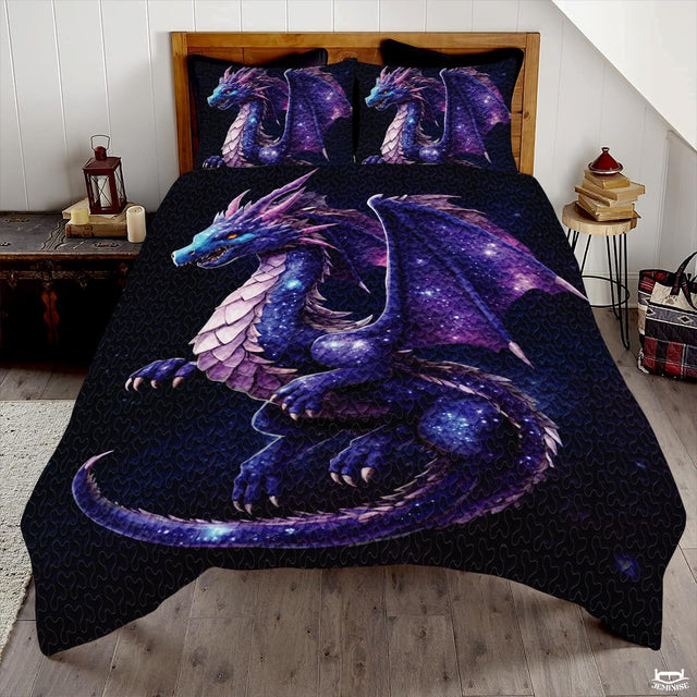 Fantasy Winged Dragon Comforter Set with Starry Nebula Pattern And Bedroom Setting