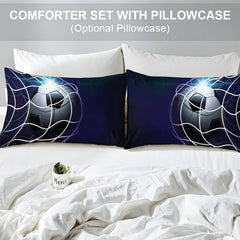Matching pillow sham detail for midnight soccer bedding set displaying glowing net cords in bedroom setting