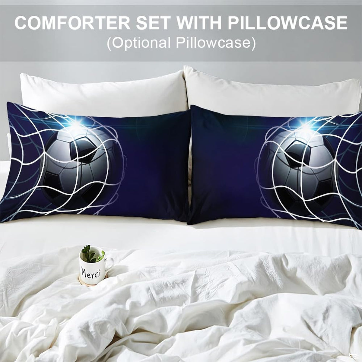 Matching pillow sham detail for midnight soccer bedding set displaying glowing net cords in bedroom setting