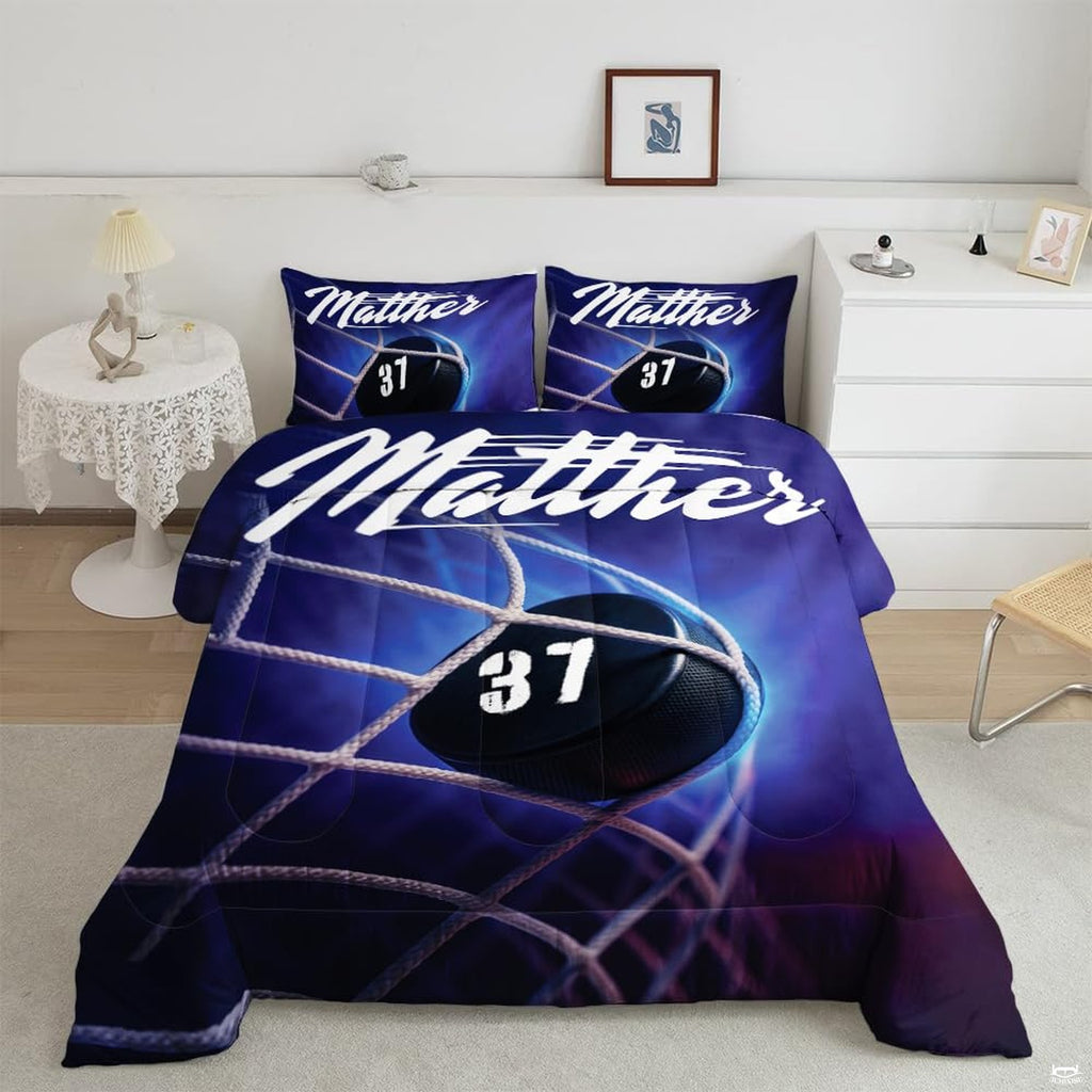 Midnight navy ice hockey goalie player sports bedding set displayed neatly on a bed in a modern youth bedroom