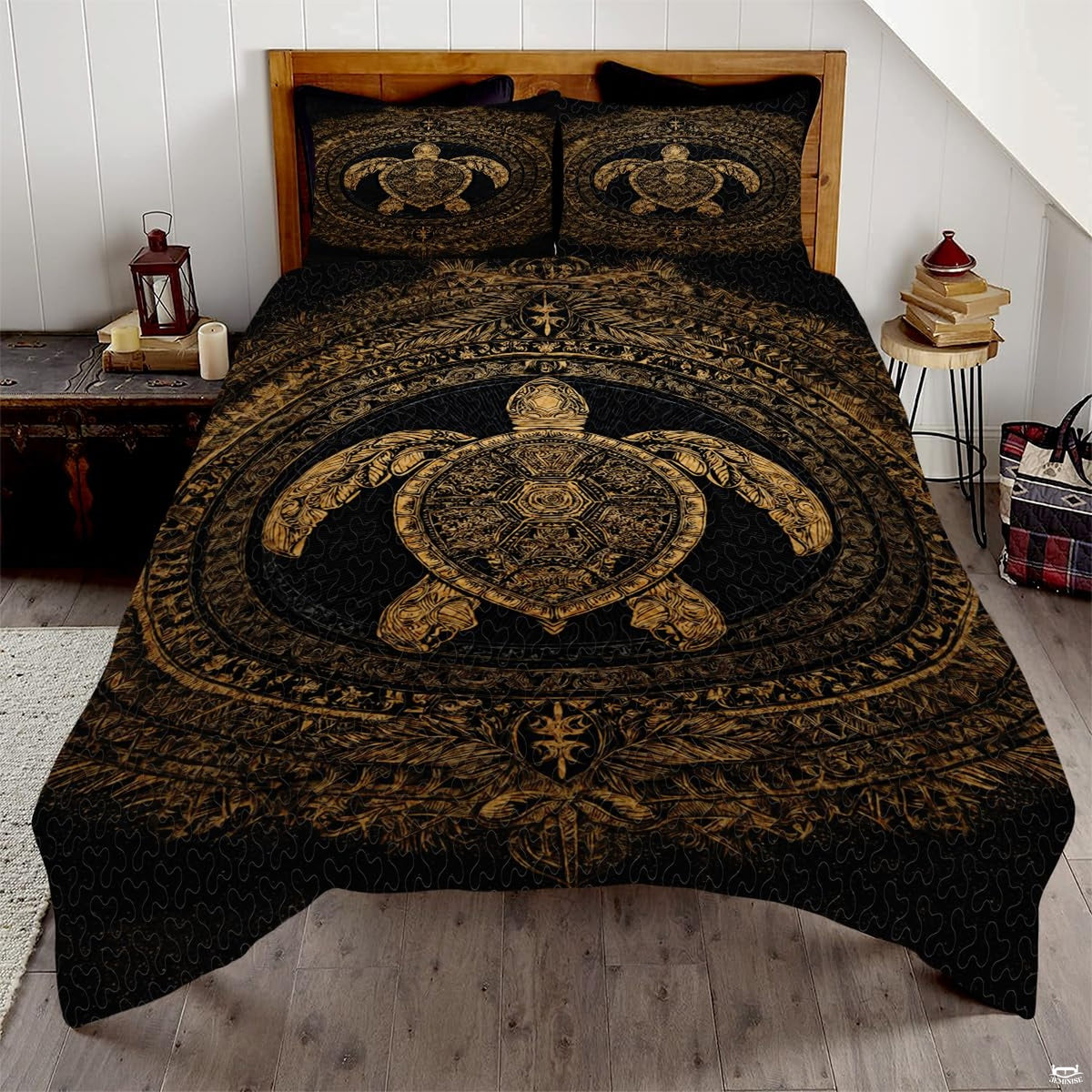 Golden bronze sea turtle Polynesian tribal bedding set displayed neatly on a bed in a coastal bedroom