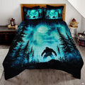 Bigfoot silhouette standing amid moonlit pine trees under vibrant turquoise auroras on a nocturnal bedding set.