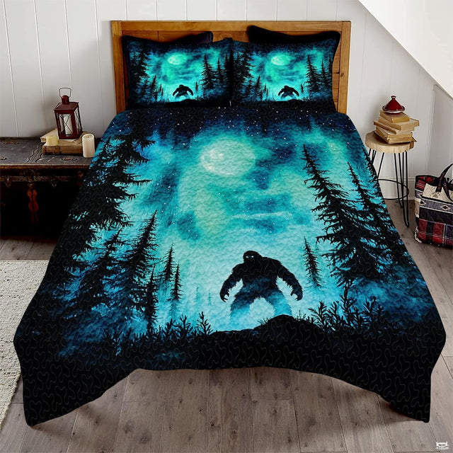 Bigfoot silhouette standing amid moonlit pine trees under vibrant turquoise auroras on a nocturnal bedding set.