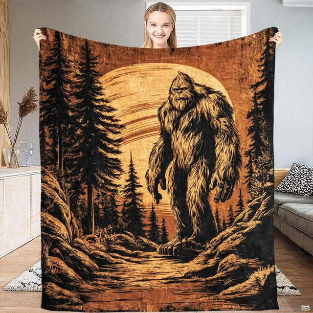 Vintage sepia woodcut etching of Bigfoot standing in pine woods under an amber moon, view 1.