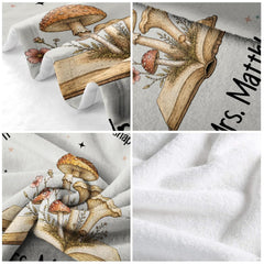 Close-up of celestial sparkles and antique book botanical art on vintage floral bed sheets motif.