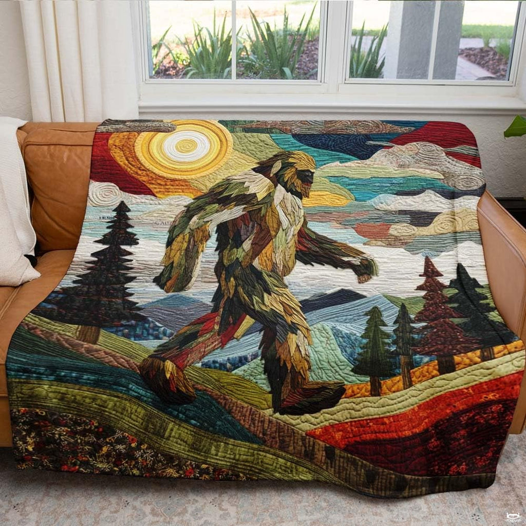 Folk art mosaic Bigfoot walking across rolling mountain foothills under a golden sun, view 5.