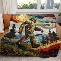 Folk art mosaic Bigfoot walking across rolling mountain foothills under a golden sun, view 5.