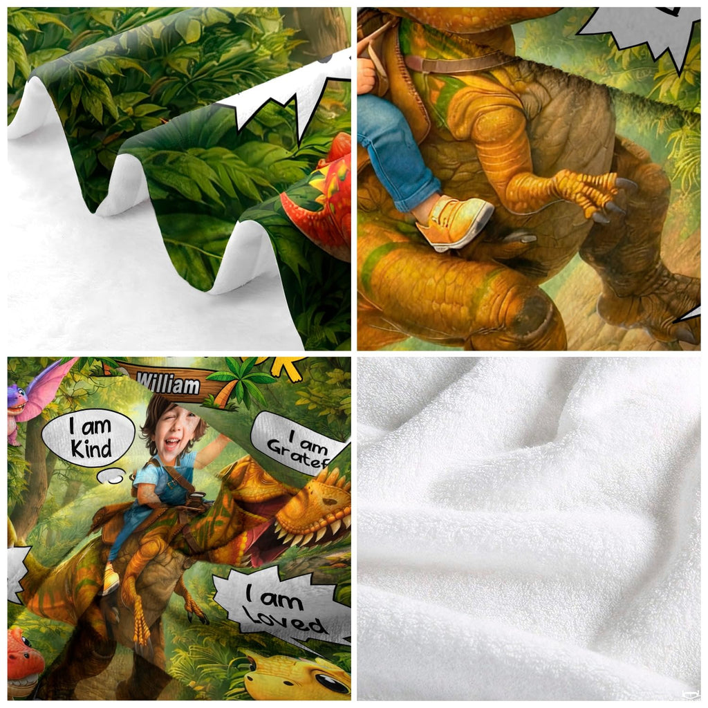 Prehistoric jungle graphic with playful speech bubbles and vibrant botanical scene details.