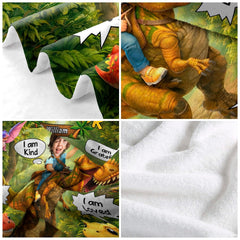 Prehistoric jungle graphic with playful speech bubbles and vibrant botanical scene details.