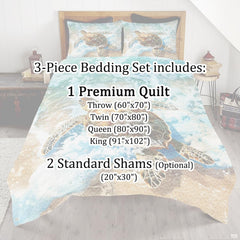 Full bedroom display of pastel aqua sea turtle tribal bedding styled with coastal room decor