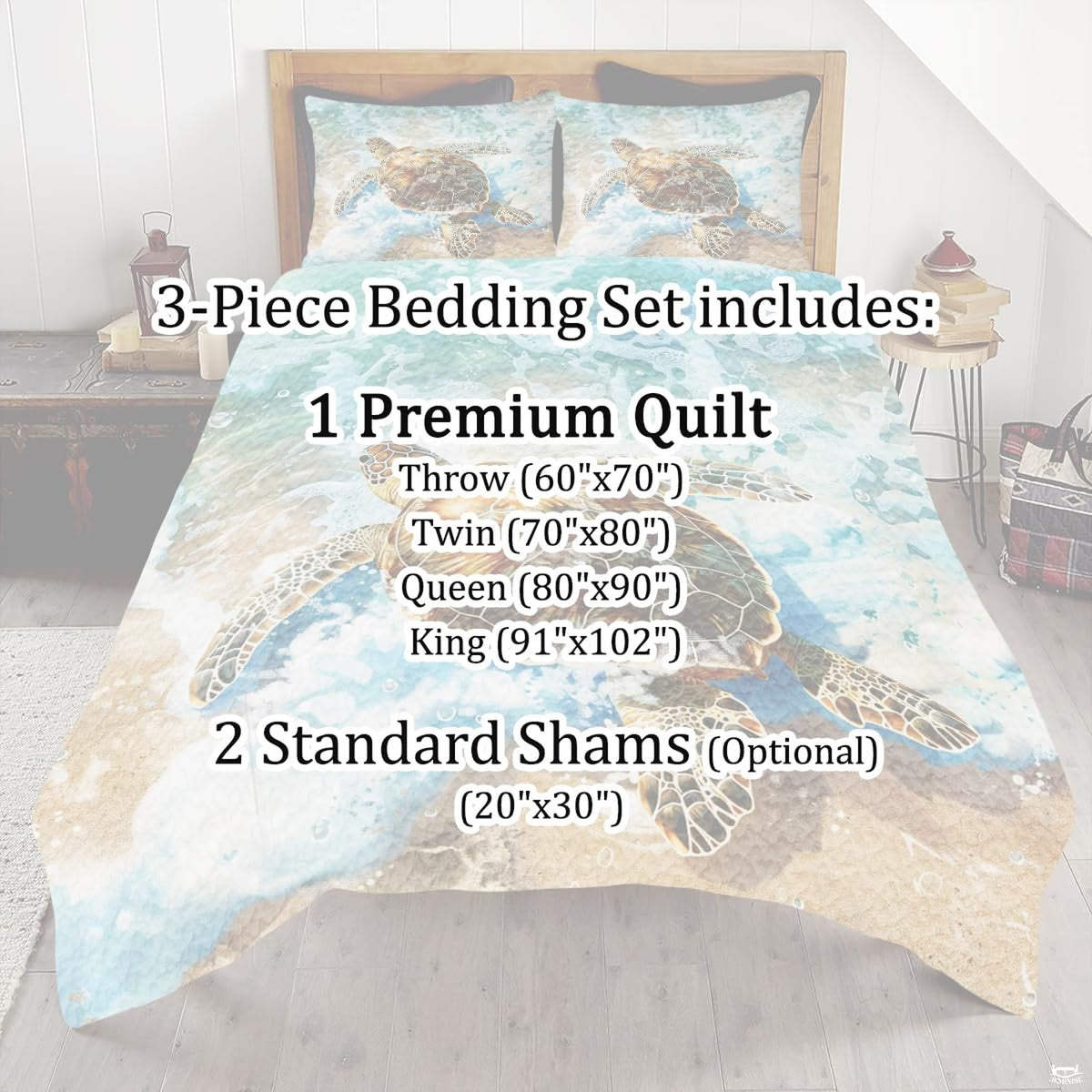 Full bedroom display of pastel aqua sea turtle tribal bedding styled with coastal room decor