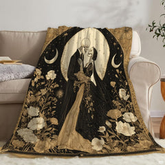Detailed sepia and thematic accent gold floral flourishes on gothic vintage bedding set decor.