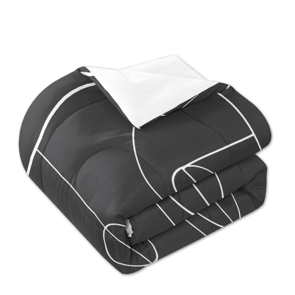 Overhead perspective of soccer bedding arranged across a sports-inspired bedroom mattress