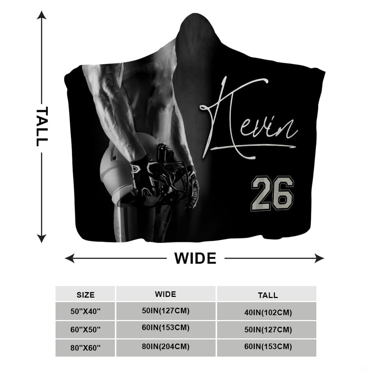 Close up of football player throw blanket highlighting signature script lettering and uniform number