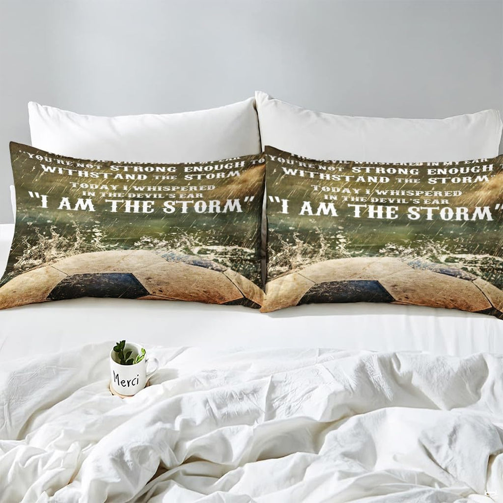 Matching pillowcase detail for athletic bedding set featuring coordinating soccer pitch artwork