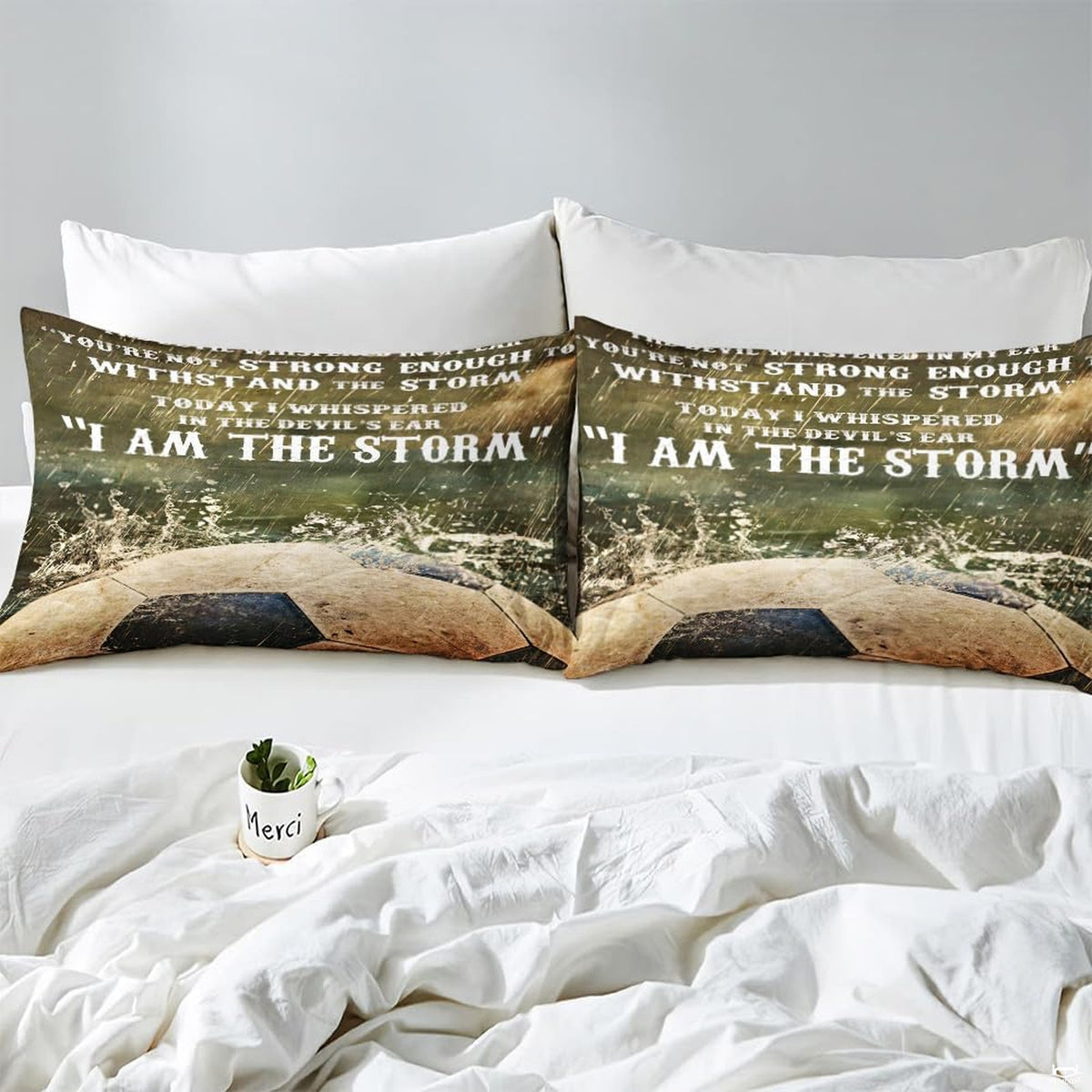 Matching pillowcase detail for athletic bedding set featuring coordinating soccer pitch artwork