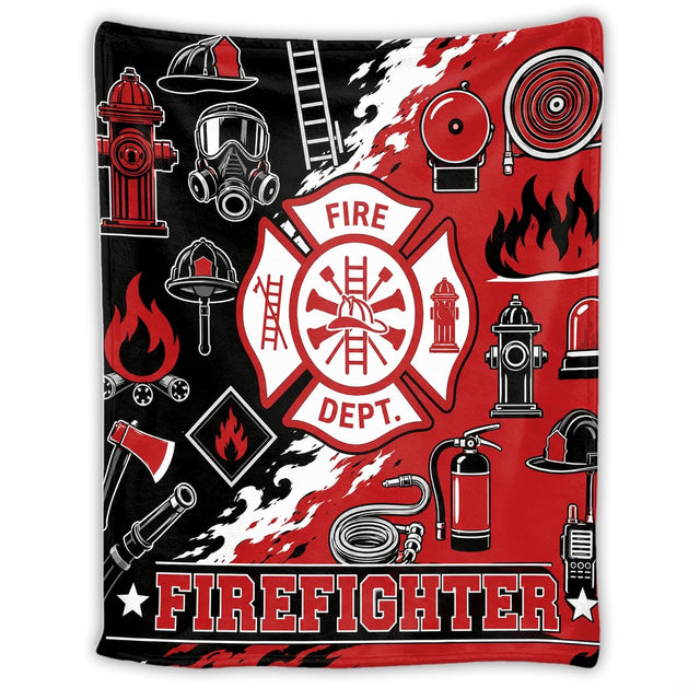 First responder throw blanket with Maltese cross emblem, rescue gear icons, and diagonal black and red split
