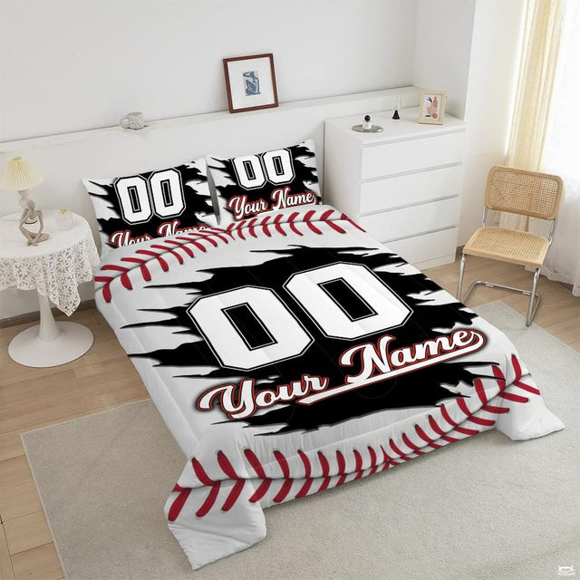 Close-up view of baseball bedding detailing bold collegiate number outlines, athletic cursive script, and red ball lacing