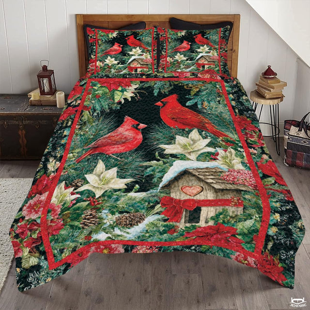 Christmas Cardinals Near Snowy Birdhouse Patchwork Floral Quilt