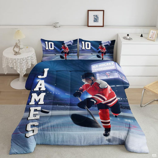 Steel blue and navy ice hockey goalie sports bedding set displayed neatly on a bed in a modern youth bedroom