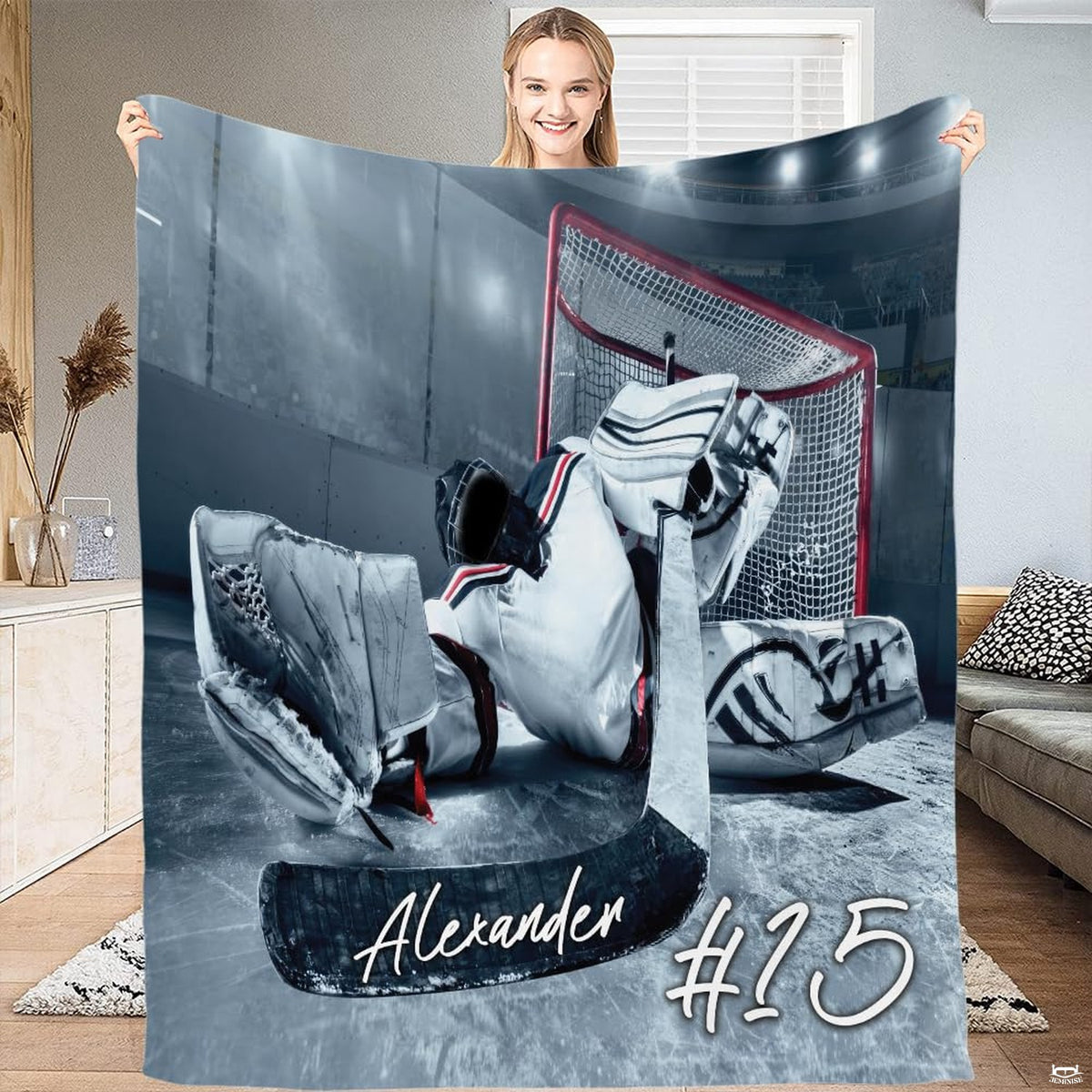 Full flat view of ice hockey goalie throw blanket showing frosty rink and arena spotlights.