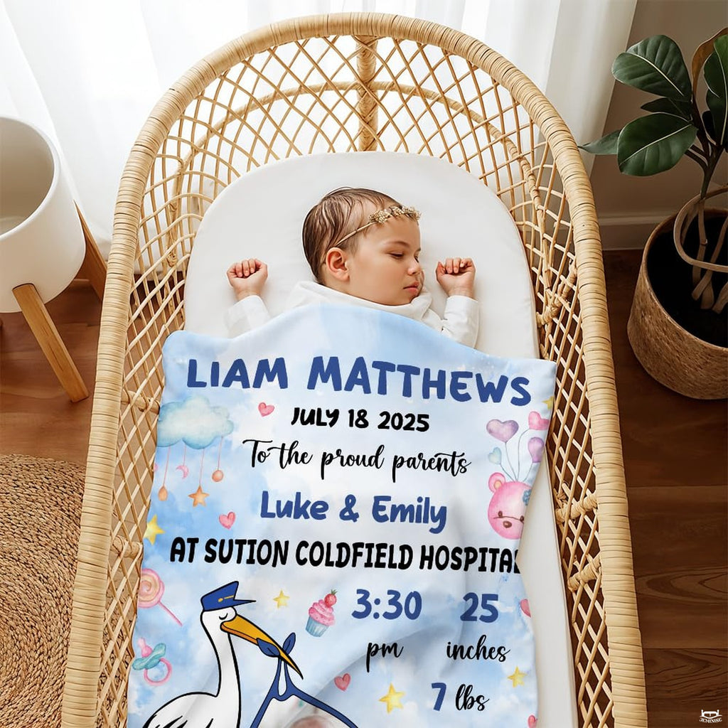 Pastel blue watercolor stork milestone blanket spread gently over an infant wicker bassinet.