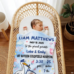 Pastel blue watercolor stork milestone blanket spread gently over an infant wicker bassinet.
