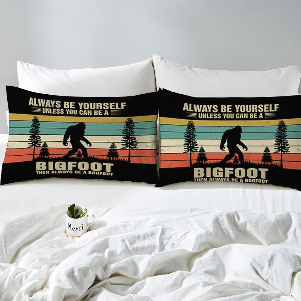 Retro wilderness artwork with walking thematic accent silhouette, evergreen pine trees, and horizontal dusk stripes.