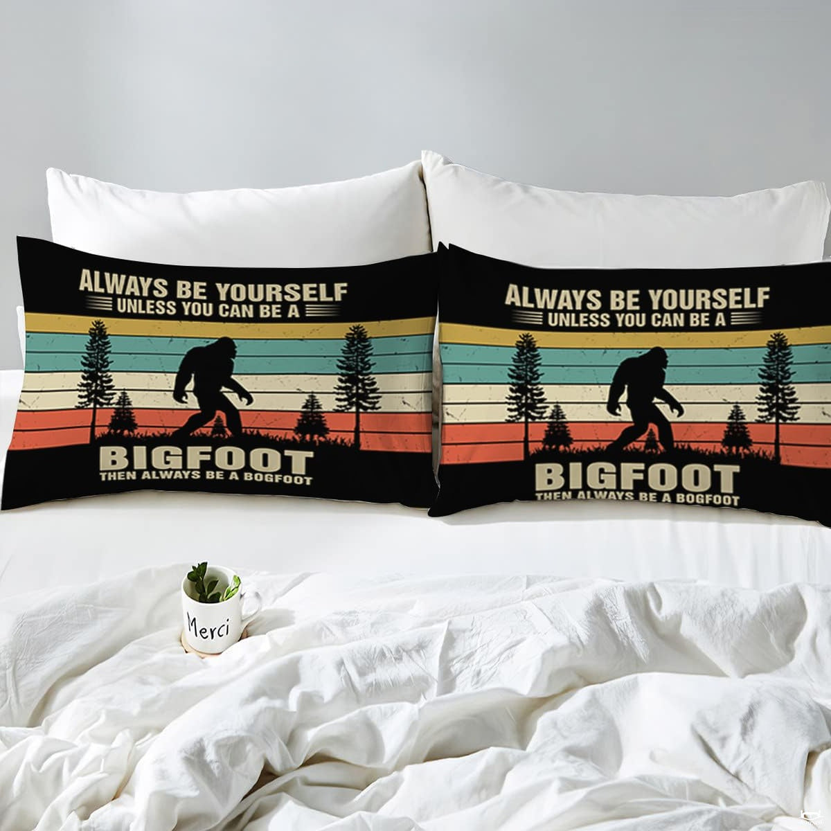Retro wilderness artwork with walking thematic accent silhouette, evergreen pine trees, and horizontal dusk stripes.