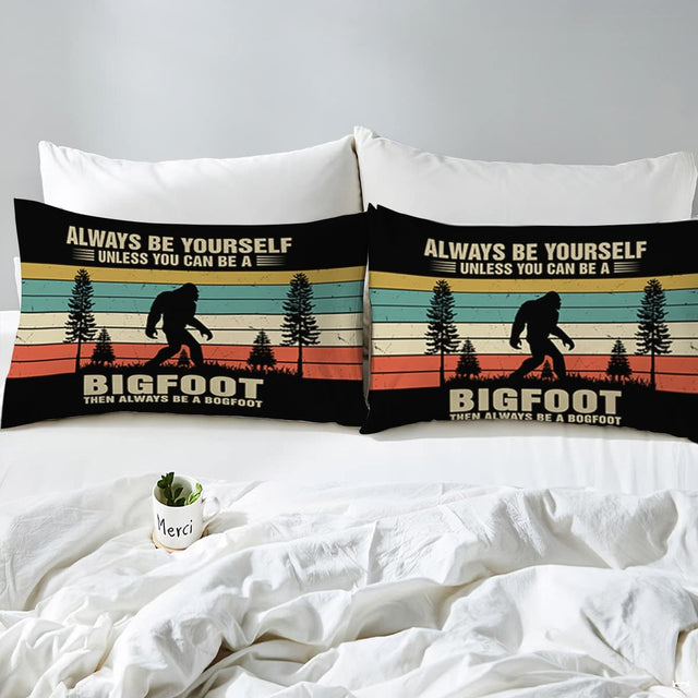 Retro wilderness artwork with walking thematic accent silhouette, evergreen pine trees, and horizontal dusk stripes.