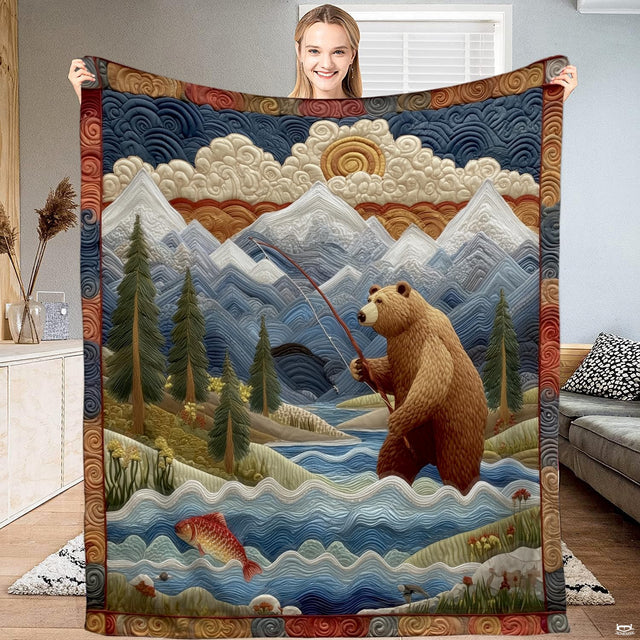 Fishing bear mountain river salmon throw blanket featuring brown bear angler and leaping fish before peaks