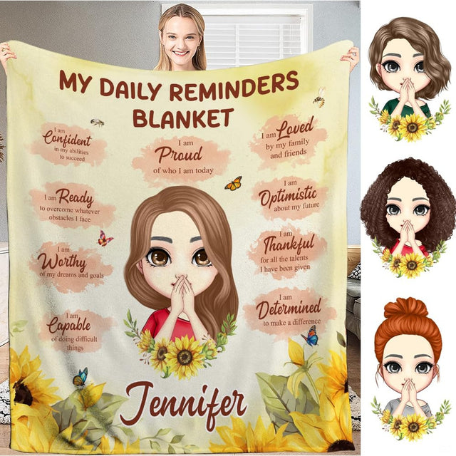 Artistic bedding set featuring a cartoon avatar portrait with yellow sunflowers and butterflies.