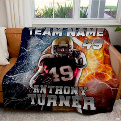 Football player fire and ice throw blanket view 7 highlighting athletic player, split lightning, and flaming ball