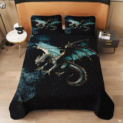 Overhead view of turquoise winged dragon with curled spiked tail
