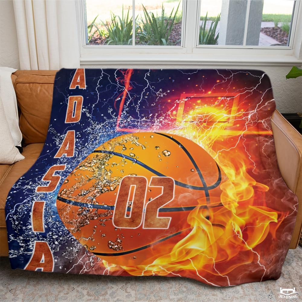 Personalized Basketball Fire and Water Splash Blanket with Name and Number