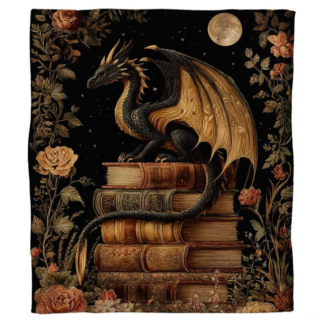 Living room display showing gothic dragon and antique books throw blanket styled across home seating.