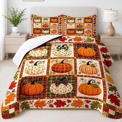 Autumn bedding set featuring a nine-block grid of patterned pumpkins and fall leaf borders