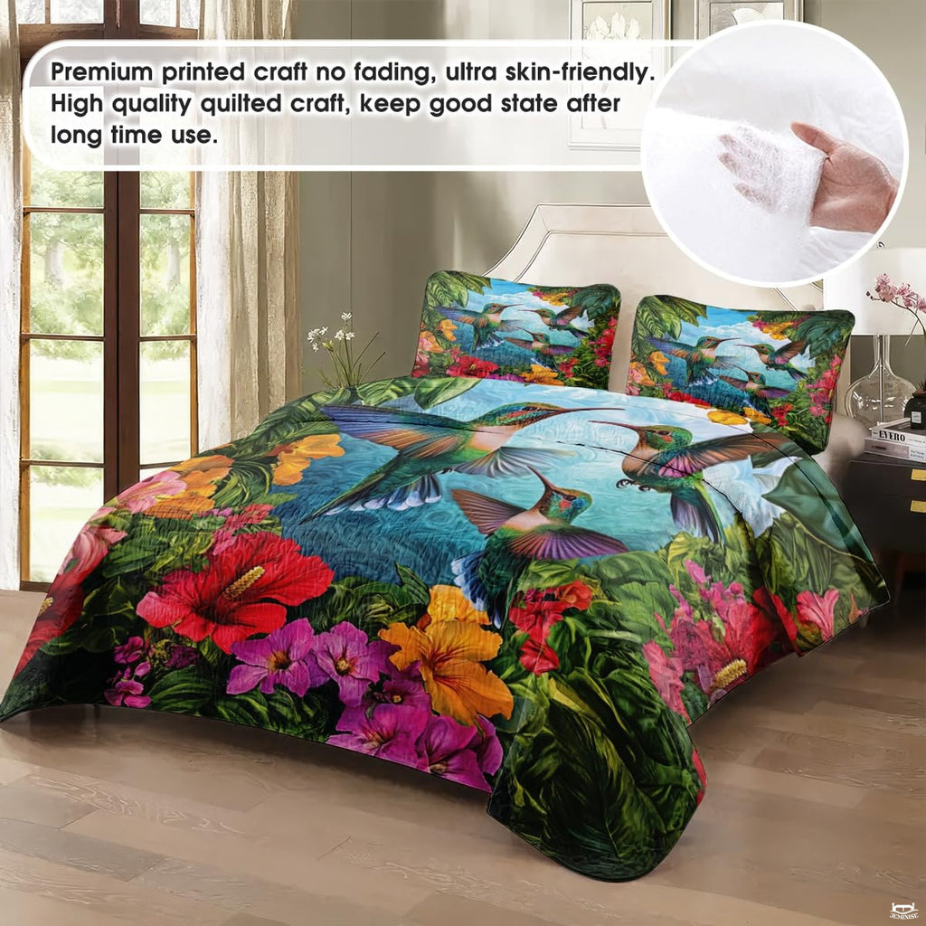 Hummingbird flower bedding in a softly lit bedroom