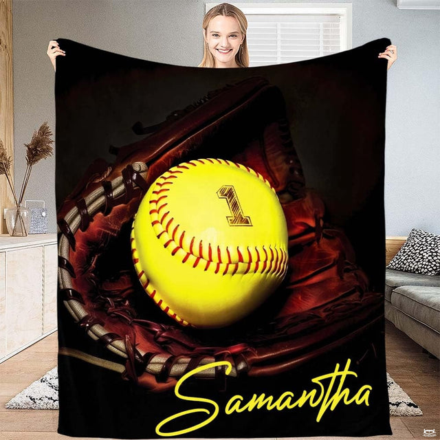 Softball in fielder glove sports graphic blanket unfolded flat view