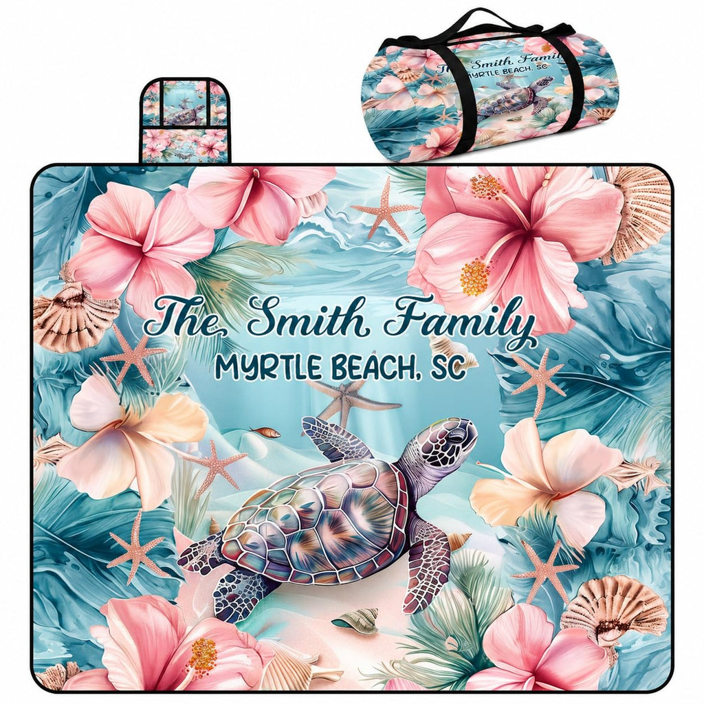 Sea turtle and hibiscus tropical beach picnic blanket and matching duffle bag
