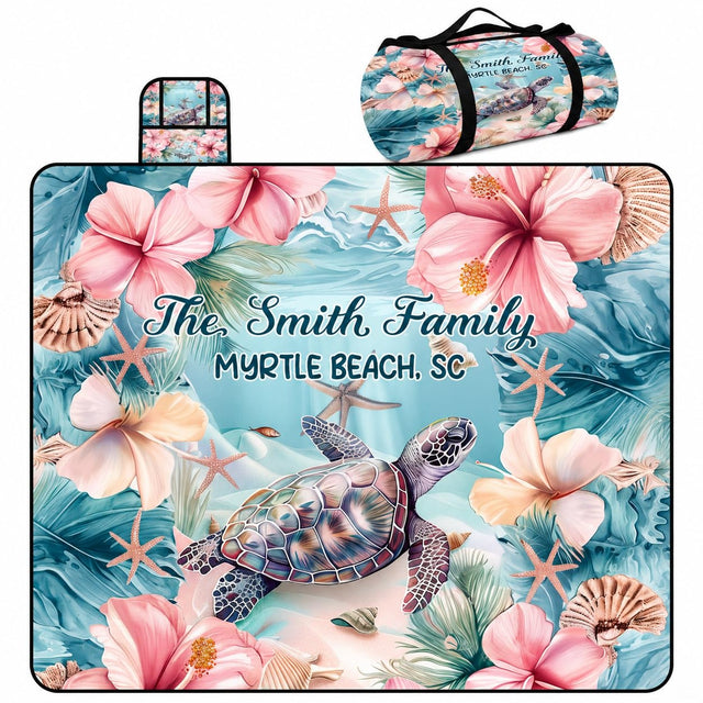 Sea turtle and hibiscus tropical beach picnic blanket and matching duffle bag