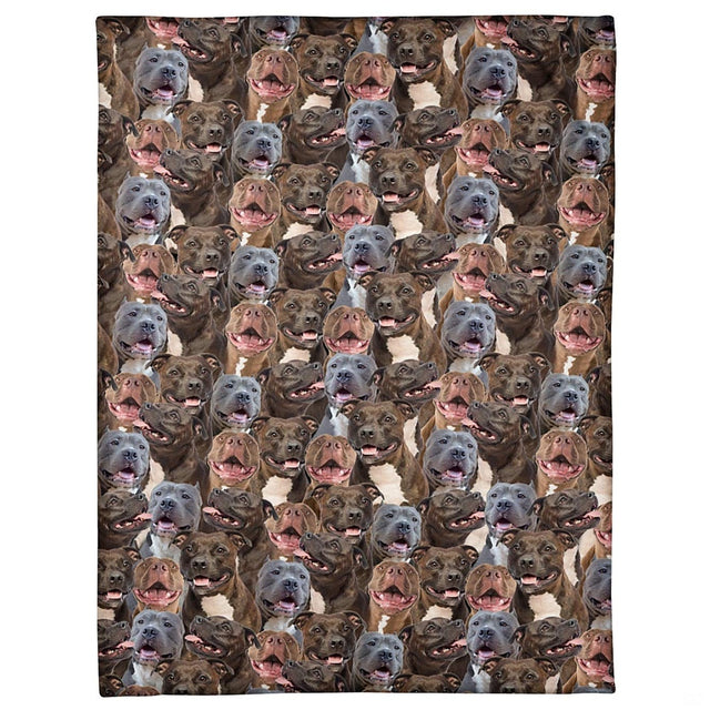 All-over pattern display showing a dense photo collage of smiling pitbull dog portraits.