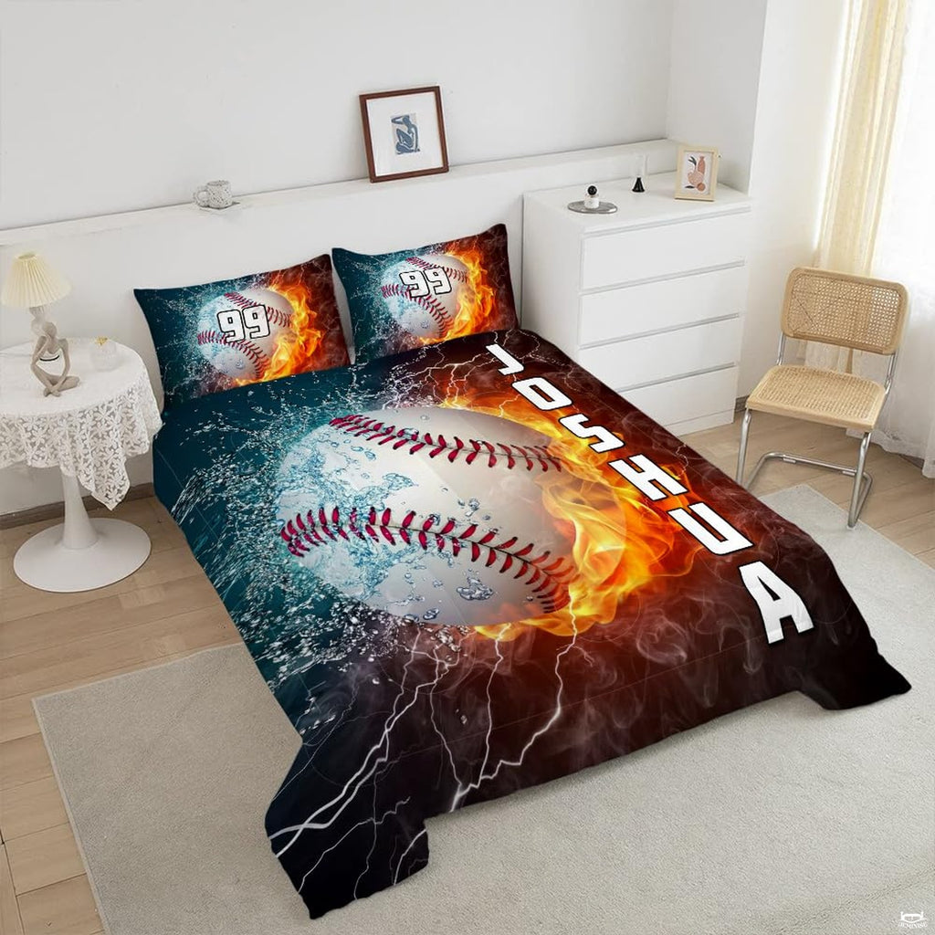 Detailed view of the athletic block jersey lettering and elemental flame effects on the bed set.