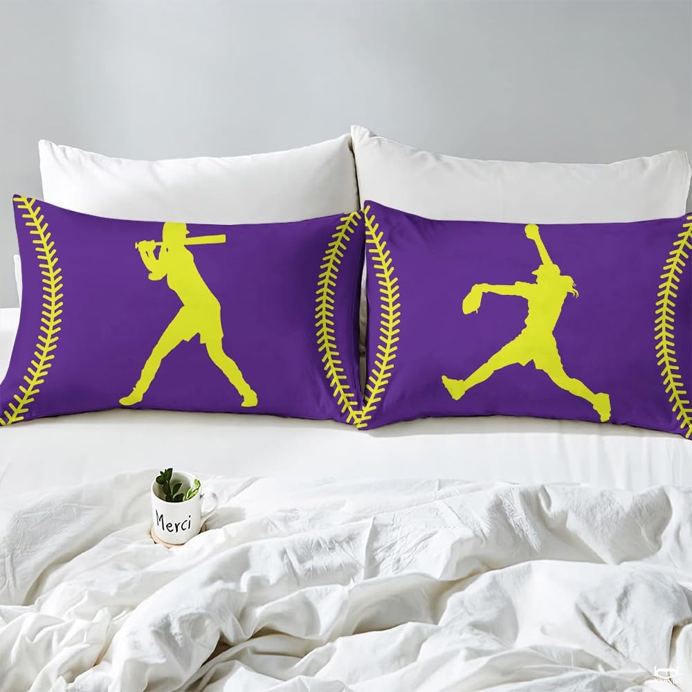 Decorative Softball Bedding Set – Bright Teal Yellow Sports Comforter for Girls and Women, Cozy Softball Fan Bedroom Set in Twin, Queen, King Sizes