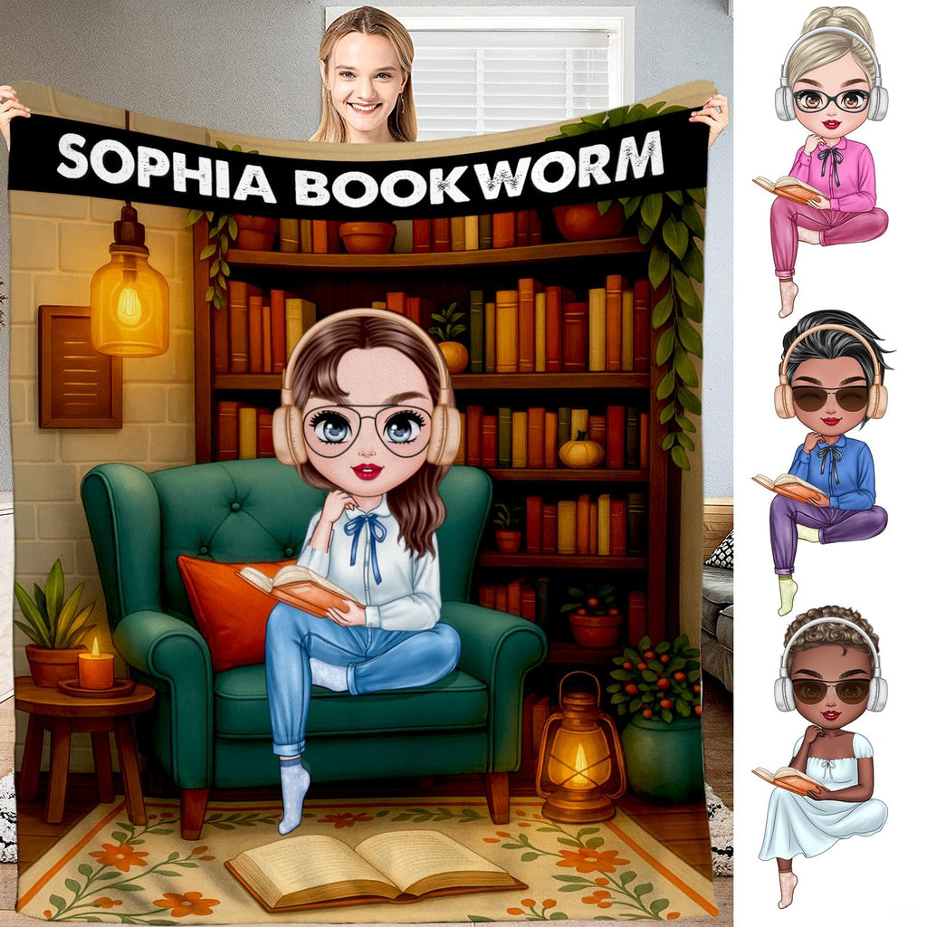 Personalized Cozy Room Sophia Bookworm Reading Girl Blanket - Book