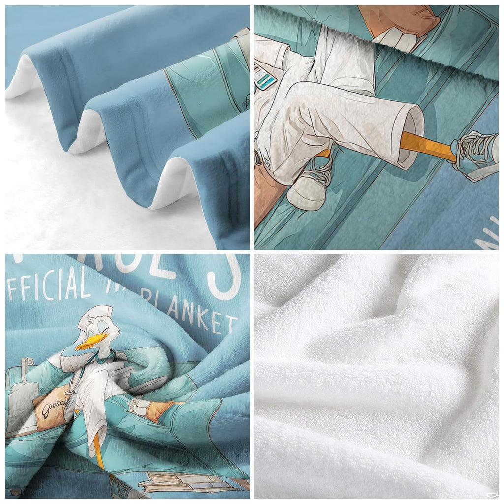 Bedroom styled with resting nurse duck cartoon throw blanket displayed across rustic bedding