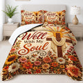 Inspirational bedding set featuring a rustic wooden cross, radiating sunbeams, and blooming autumn flowers