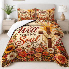 Inspirational bedding set featuring a rustic wooden cross, radiating sunbeams, and blooming autumn flowers