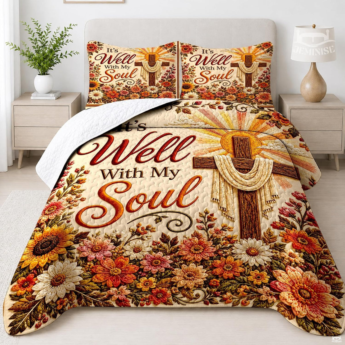 Inspirational bedding set featuring a rustic wooden cross, radiating sunbeams, and blooming autumn flowers